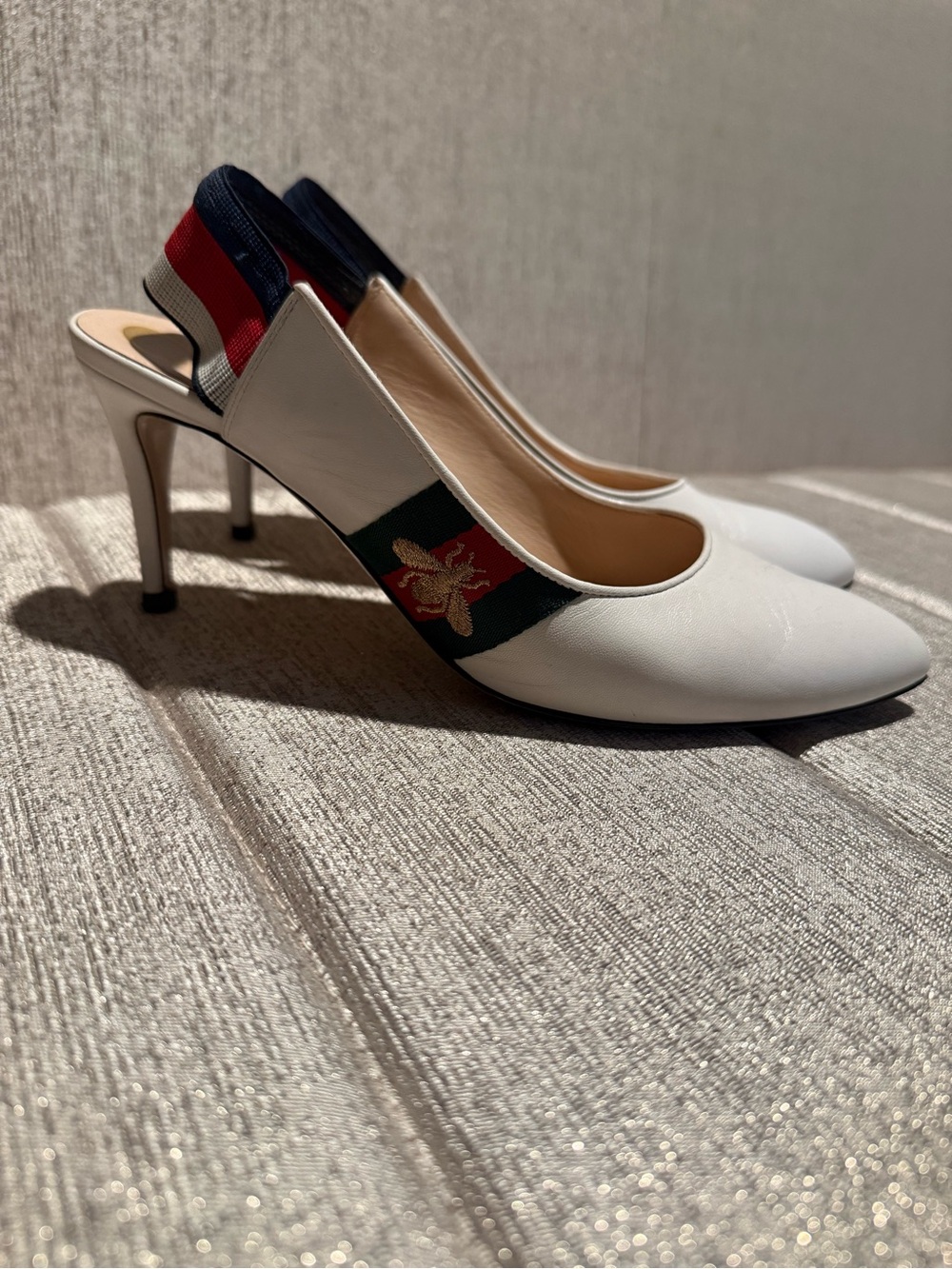 Gucci White Leather Slingback Heels with Green-Red Web and Embroidered Bee